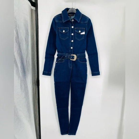 Blue Denim Jeans Long Sleeve Belted Bodycon Jumpsuit Playsuit - Picture 9 of 17